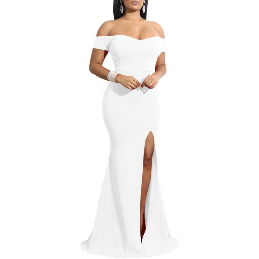 Women's Off Shoulder Evening Gown Long Formal Dress with Slit and Zipper